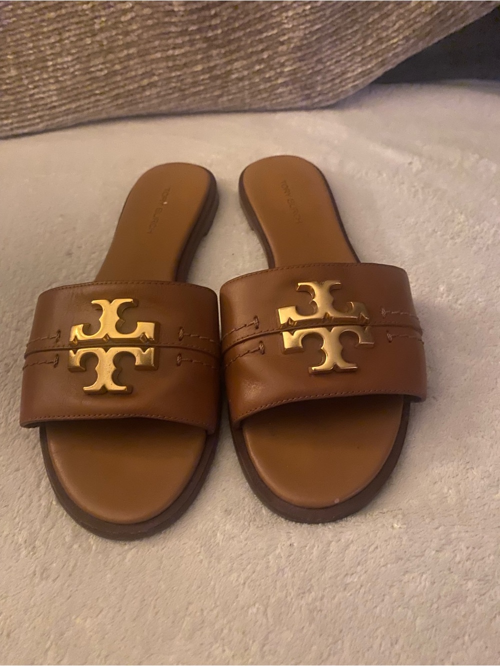 Tory Burch Tan Leather Slide Sandals with Gold Logo